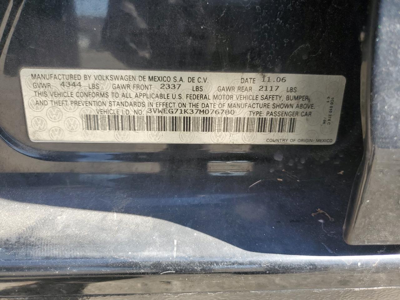 2007 Volkswagen Jetta Wolfsburg VIN: 3VWEG71K37M076780 Lot: 66792784