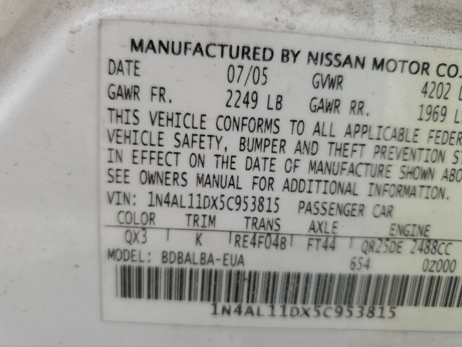 1N4AL11DX5C953815 2005 Nissan Altima S