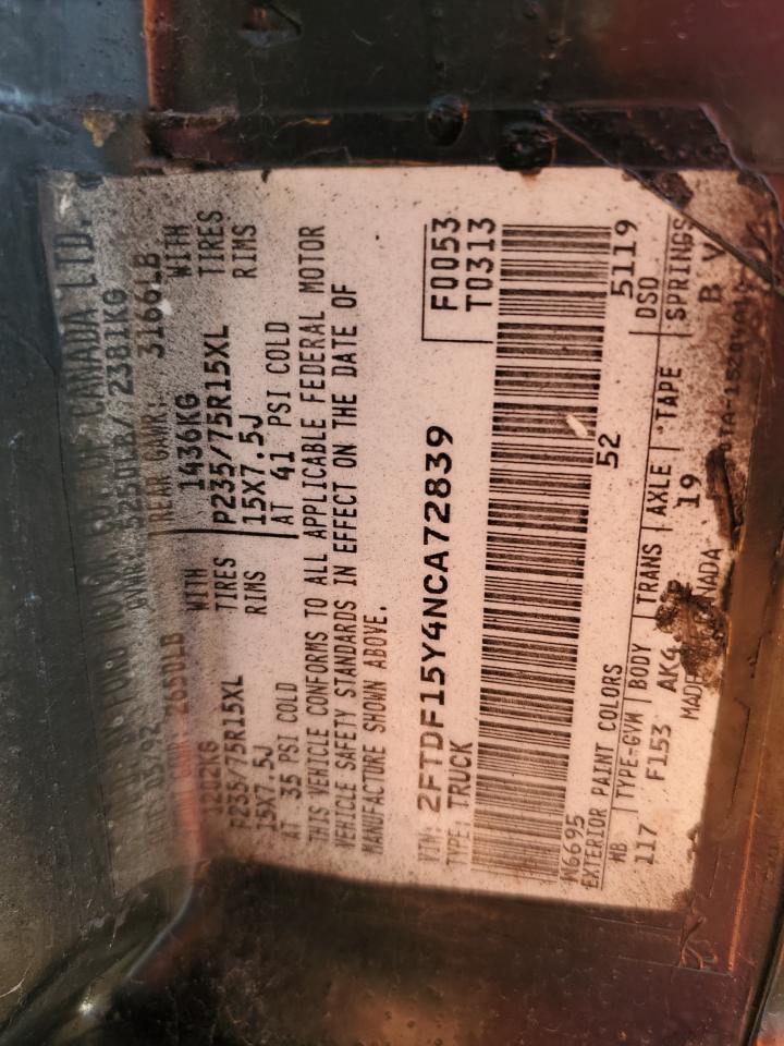 1992 Ford F150 VIN: 2FTDF15Y4NCA72839 Lot: 68060724