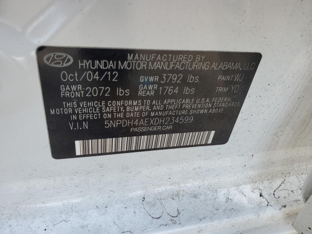 5NPDH4AEXDH234599 2013 Hyundai Elantra Gls