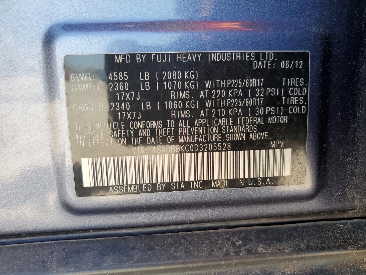 2013 Subaru Outback 2.5I Limited VIN: 4S4BRBKC0D3205528 Lot: 67487204