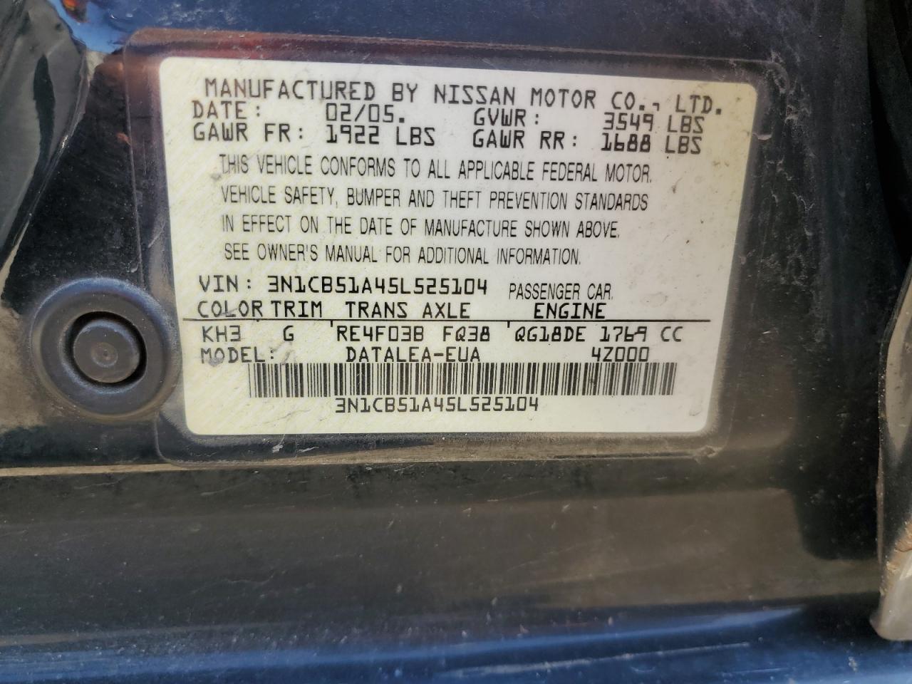 2005 Nissan Sentra 1.8S VIN: 3N1CB51A45L525104 Lot: 69313564