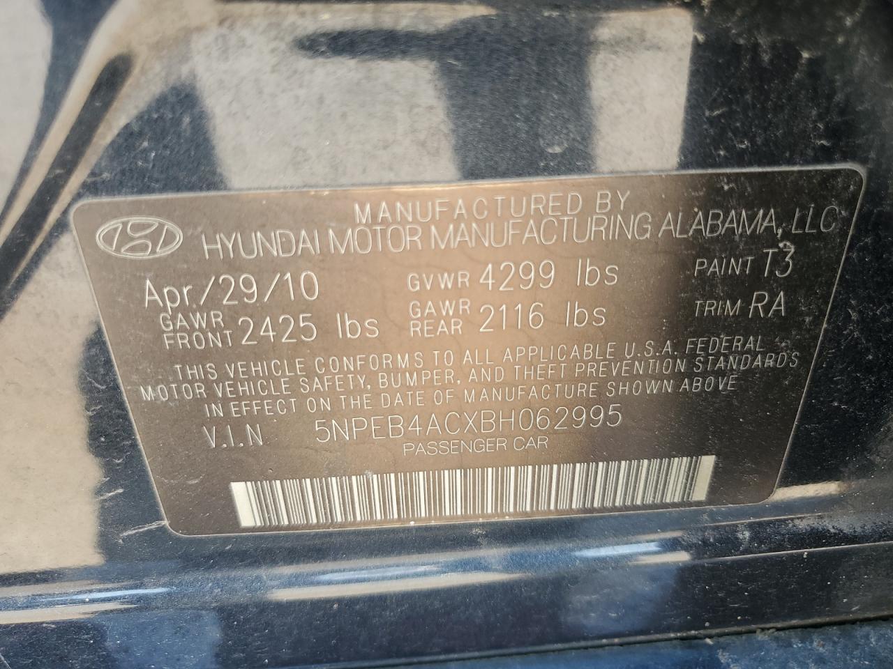 5NPEB4ACXBH062995 2011 Hyundai Sonata Gls