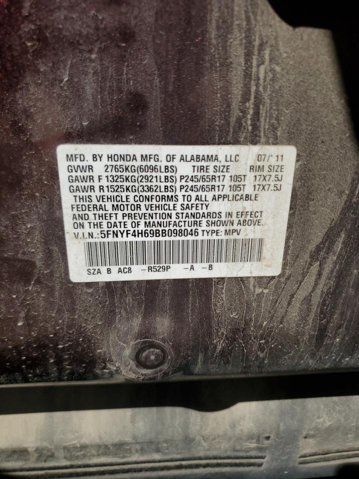 2011 Honda Pilot Exl VIN: 5FNYF4H69BB098046 Lot: 65184164