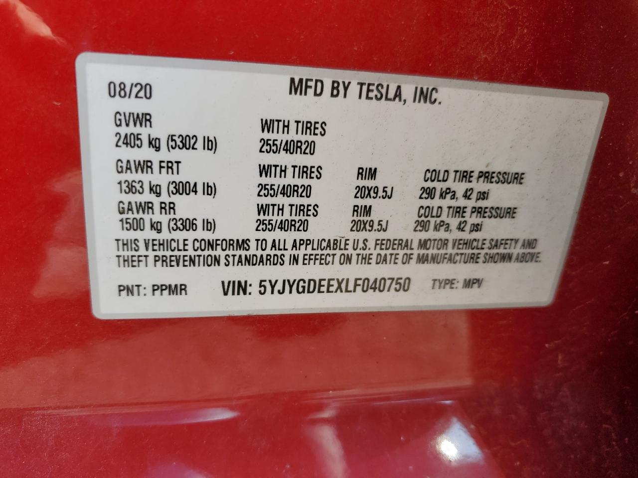 5YJYGDEEXLF040750 2020 Tesla Model Y