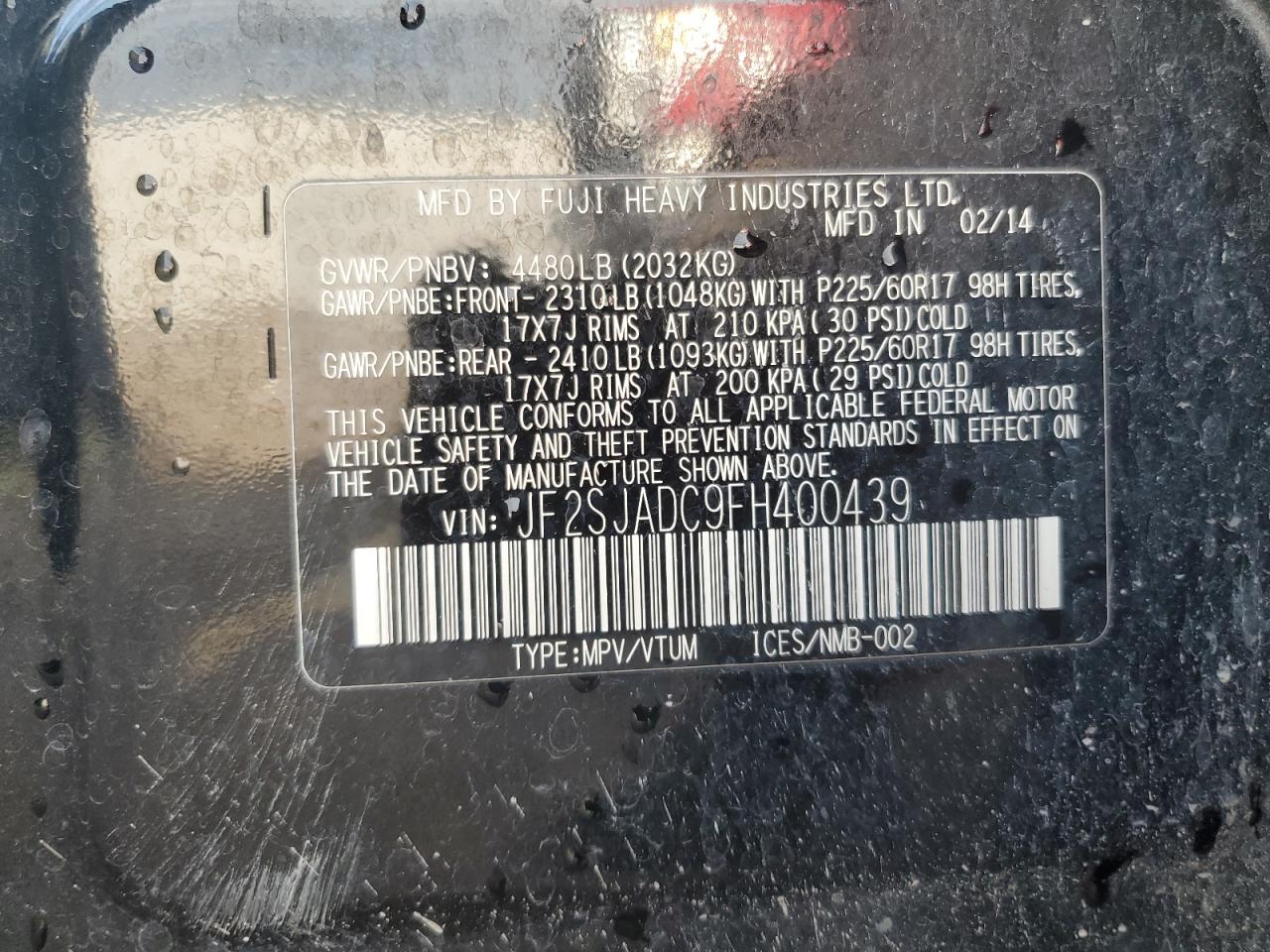 2015 Subaru Forester 2.5I Premium VIN: JF2SJADC9FH400439 Lot: 67206994