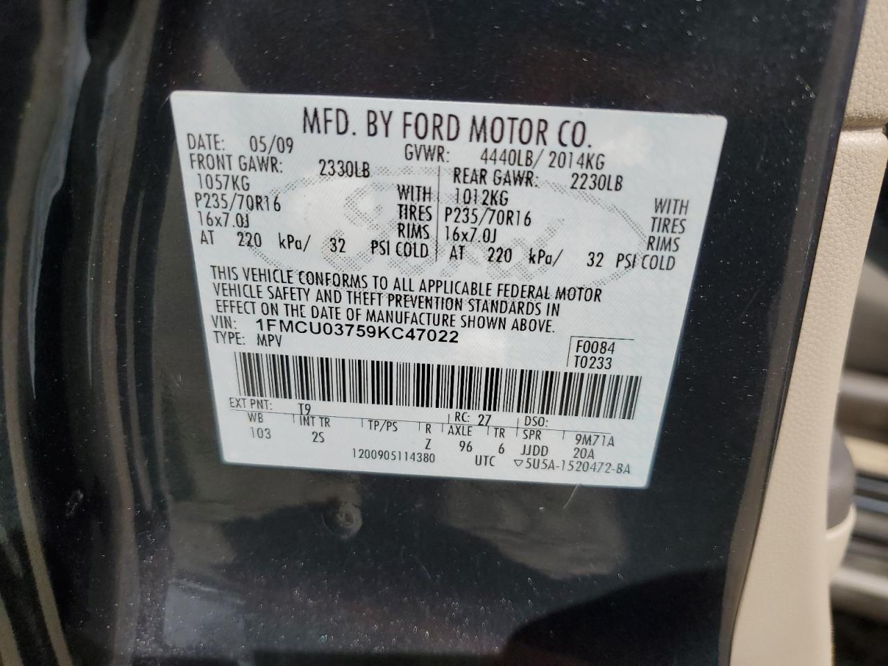 2009 Ford Escape Xlt VIN: 1FMCU03759KC47022 Lot: 65051954