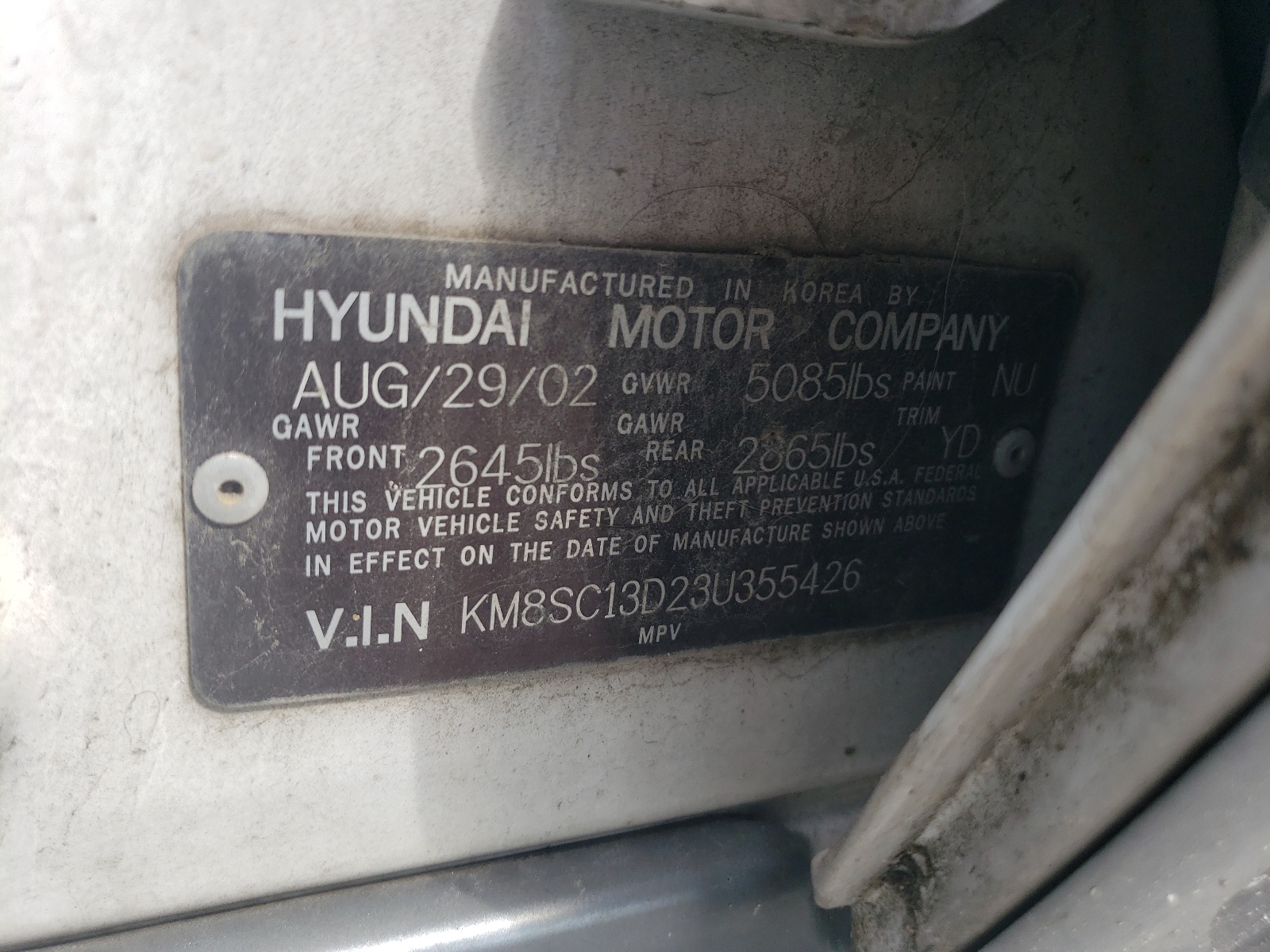 KM8SC13D23U355426 2003 Hyundai Santa Fe Gls