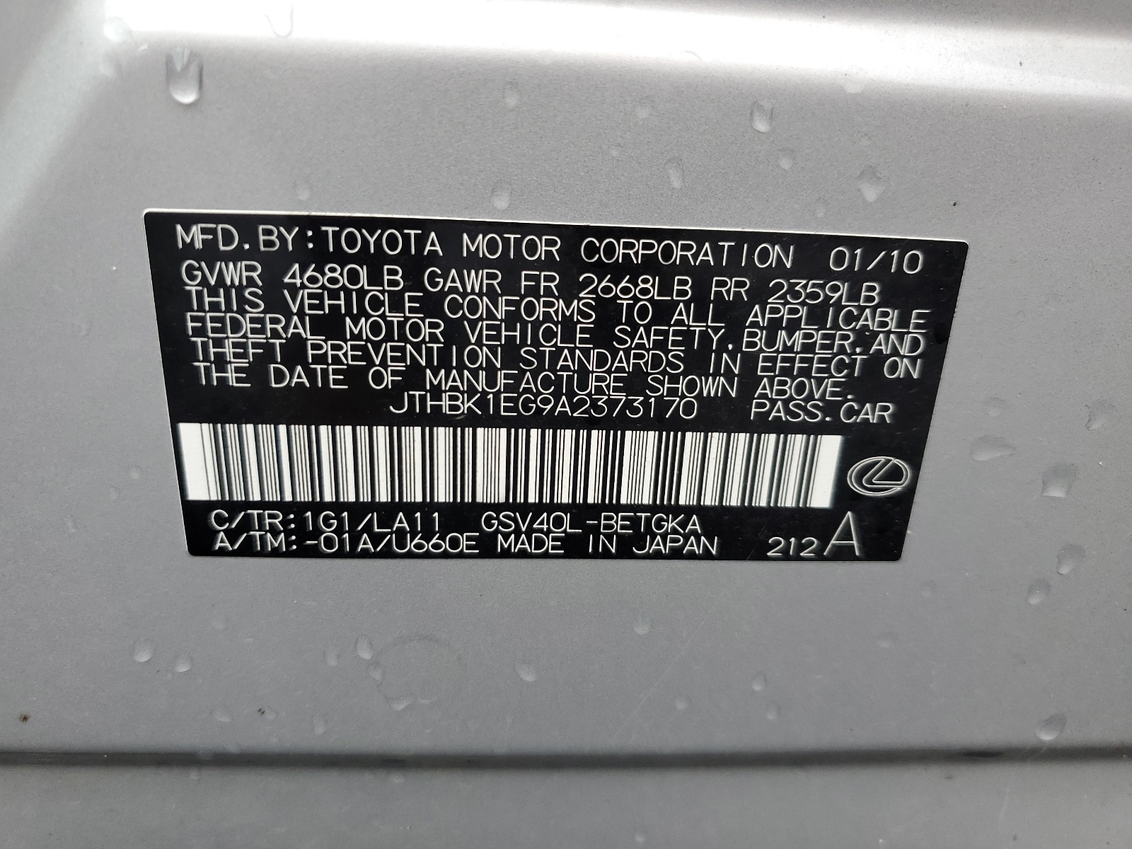 JTHBK1EG9A2373170 2010 Lexus Es 350