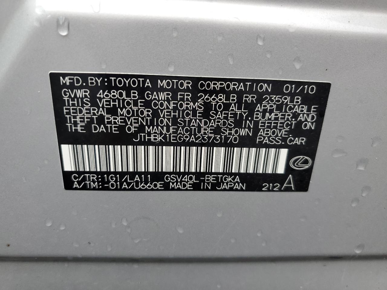 2010 Lexus Es 350 VIN: JTHBK1EG9A2373170 Lot: 66705354