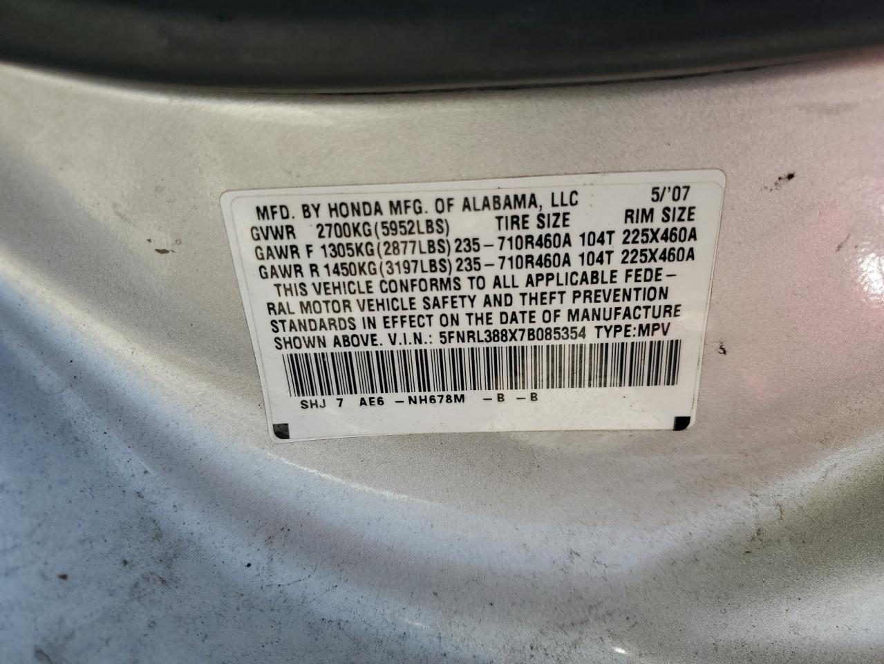 2007 Honda Odyssey Touring VIN: 5FNRL388X7B085354 Lot: 62297205