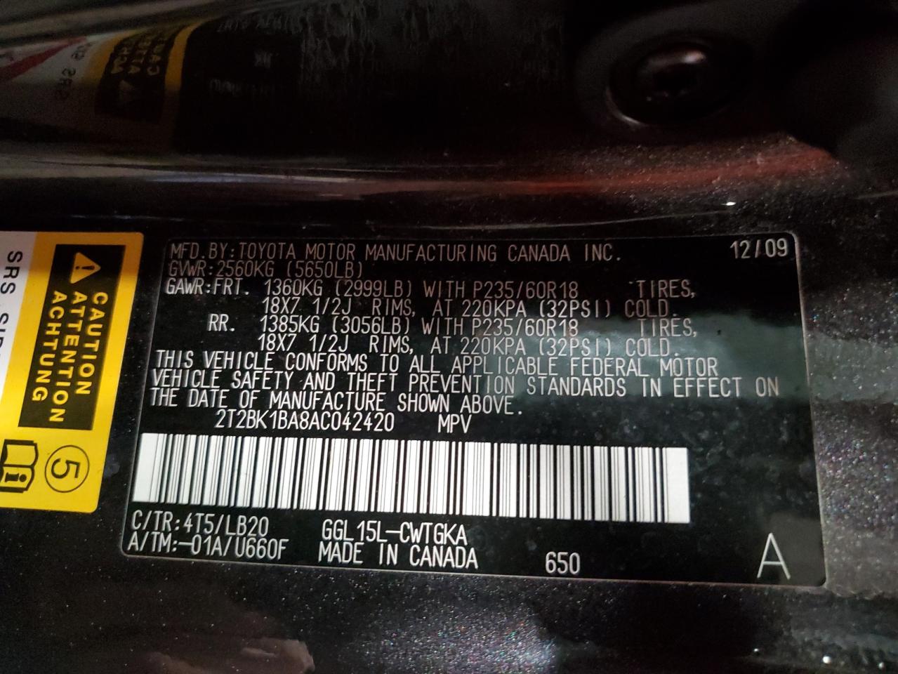 2010 Lexus Rx 350 VIN: 2T2BK1BA8AC042420 Lot: 67601274