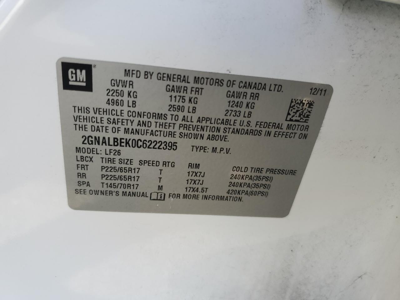 2GNALBEK0C6222395 2012 Chevrolet Equinox Ls