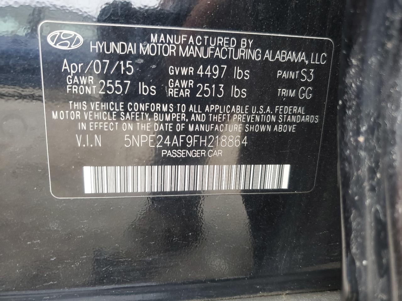 2015 Hyundai Sonata Se VIN: 5NPE24AF9FH218864 Lot: 67243464