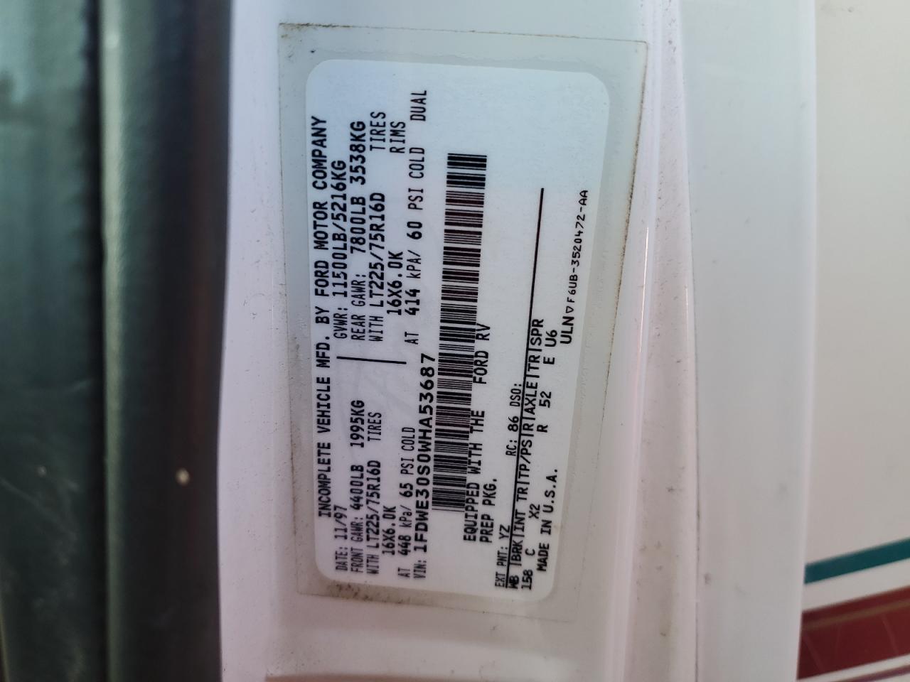 1998 Ford Econoline E350 Cutaway Van VIN: 1FDWE30S0WHA53687 Lot: 66964154