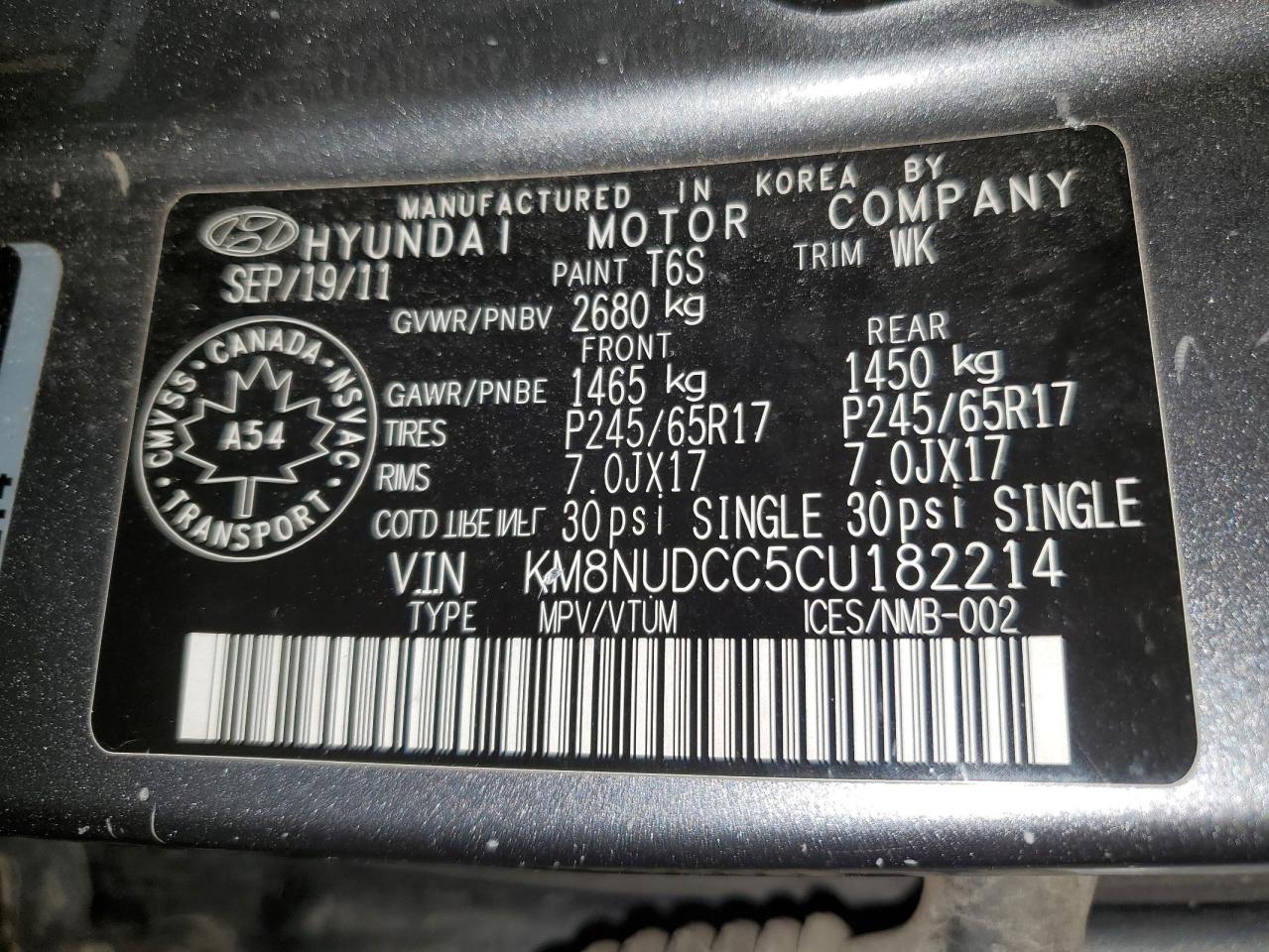 2012 Hyundai Veracruz Gls VIN: KM8NUDCC5CU182214 Lot: 65822524