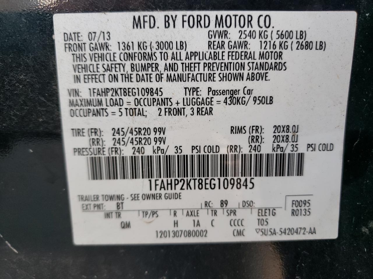 2014 Ford Taurus Sho VIN: 1FAHP2KT8EG109845 Lot: 65823584