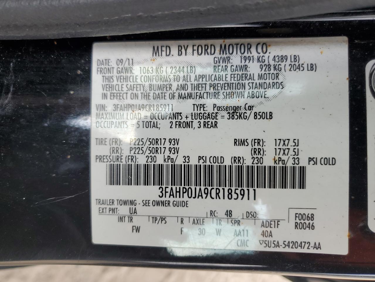 2012 Ford Fusion Sel VIN: 3FAHP0JA9CR185911 Lot: 67687814