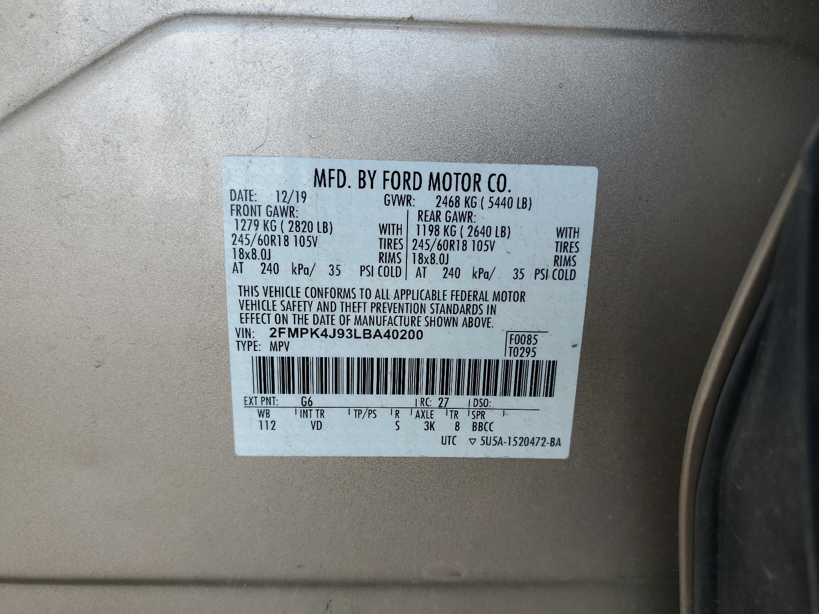 2FMPK4J93LBA40200 2020 Ford Edge Sel