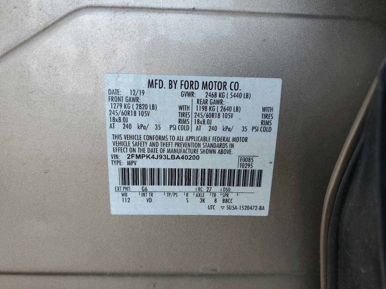 2020 Ford Edge Sel VIN: 2FMPK4J93LBA40200 Lot: 67392144