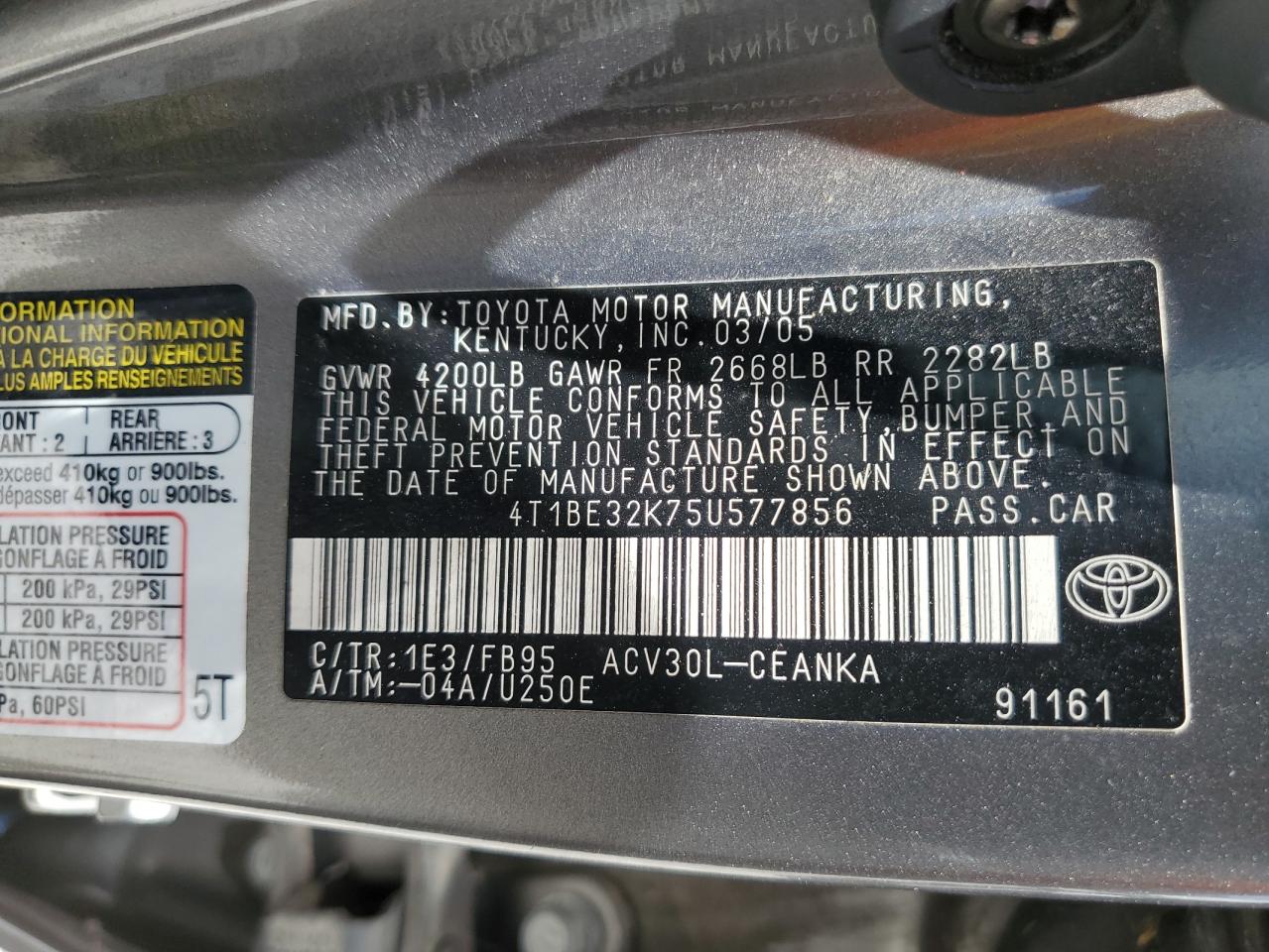 2005 Toyota Camry Le VIN: 4T1BE32K75U577856 Lot: 67169484