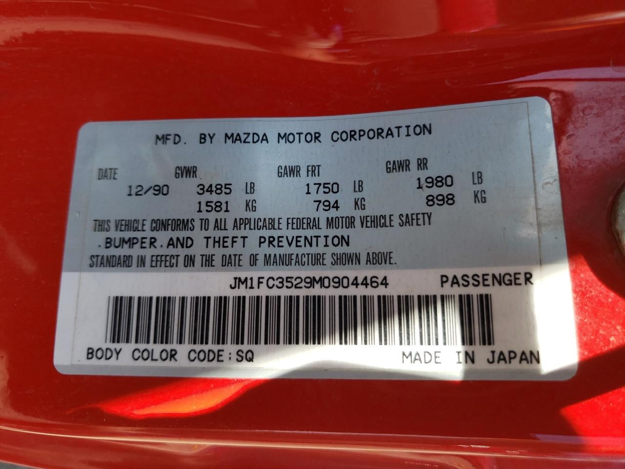 1991 Mazda Rx7 VIN: JM1FC3529M0904464 Lot: 65686484