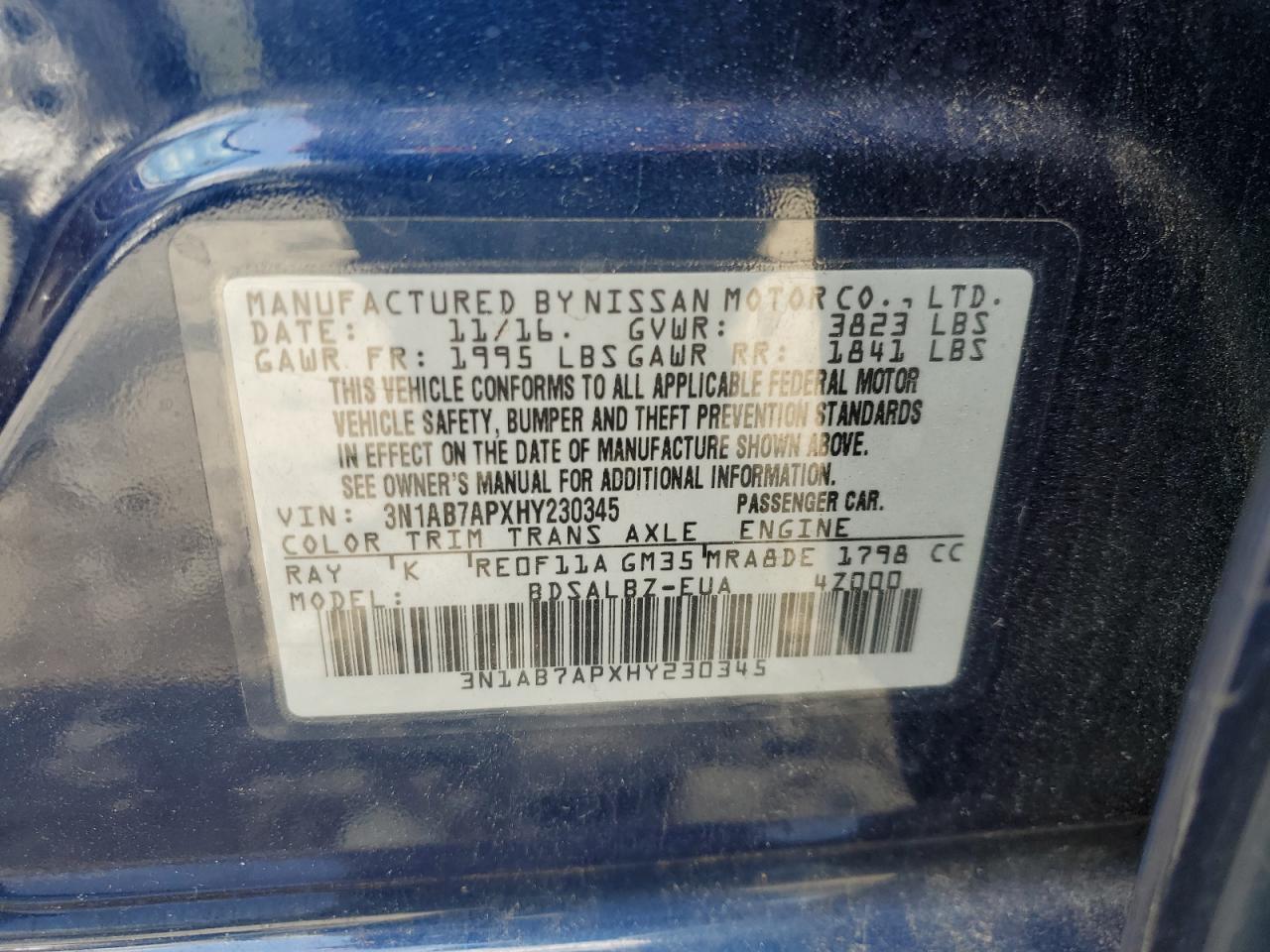 3N1AB7APXHY230345 2017 Nissan Sentra S