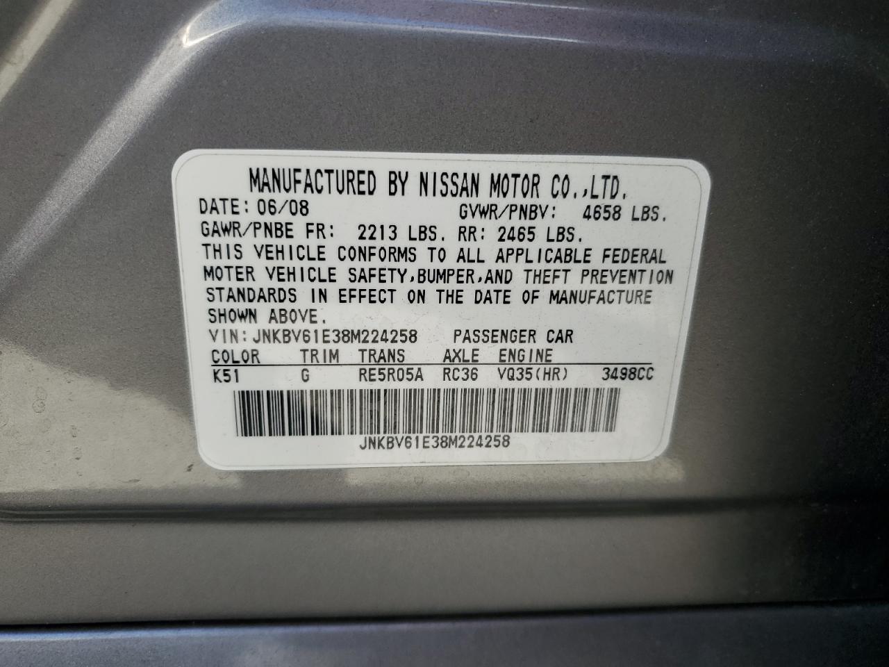 JNKBV61E38M224258 2008 Infiniti G35