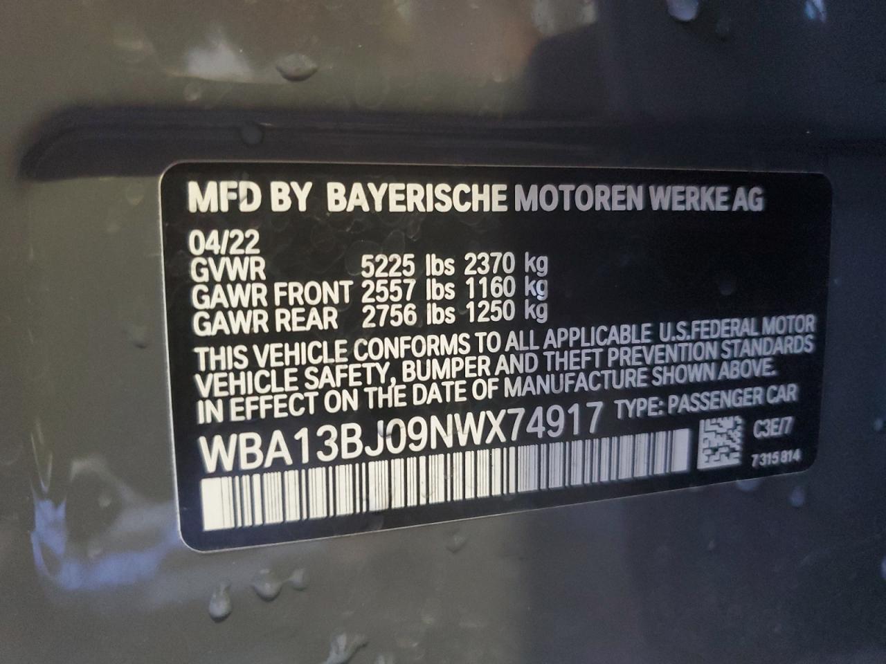 2022 BMW 530 Xi VIN: WBA13BJ09NWX74917 Lot: 66740734