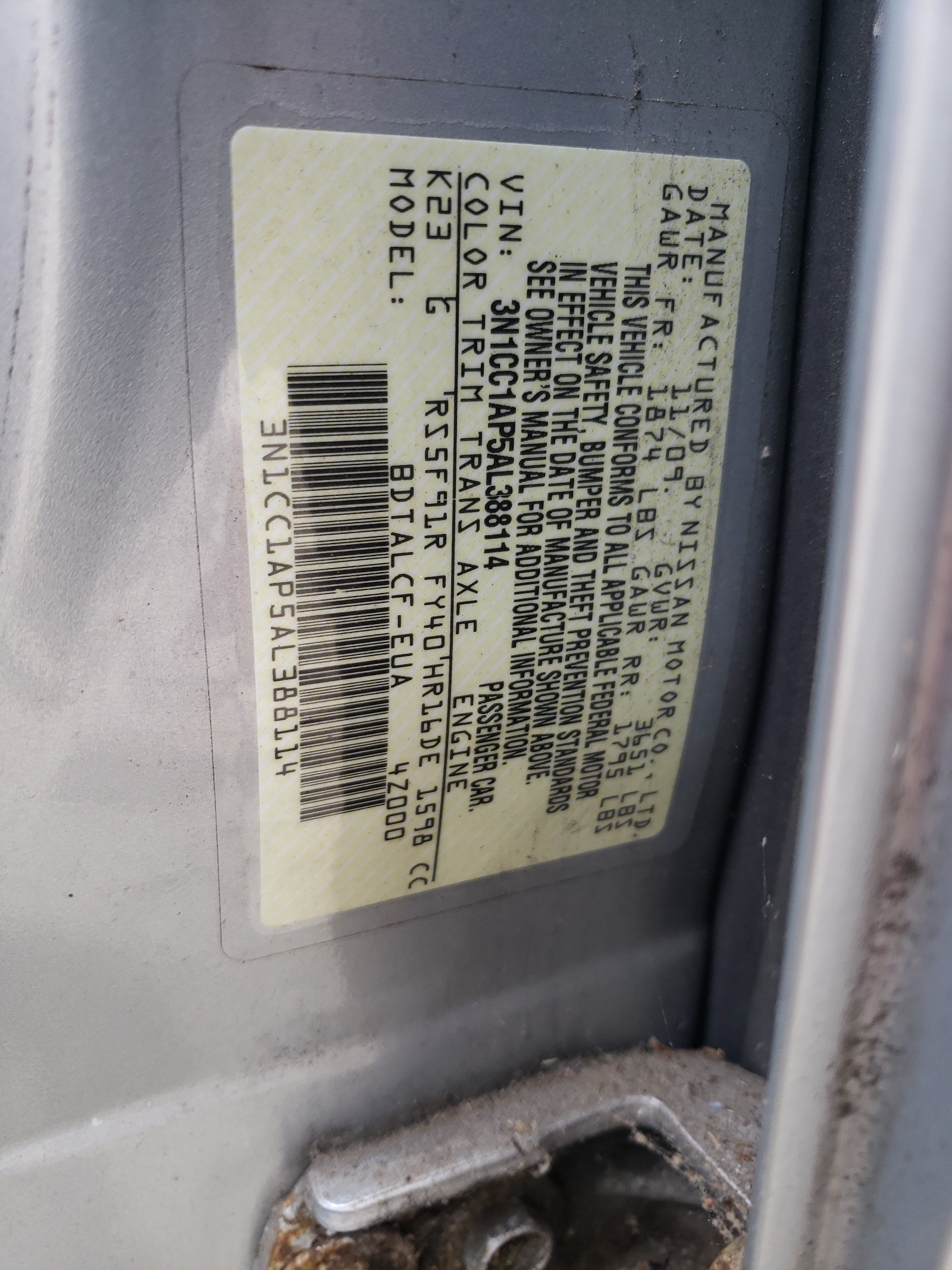 3N1CC1AP5AL388114 2010 Nissan Versa S