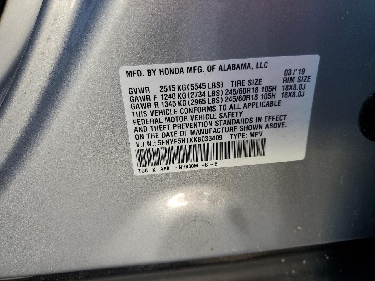 2019 Honda Pilot Lx VIN: 5FNYF5H1XKB033409 Lot: 65168484