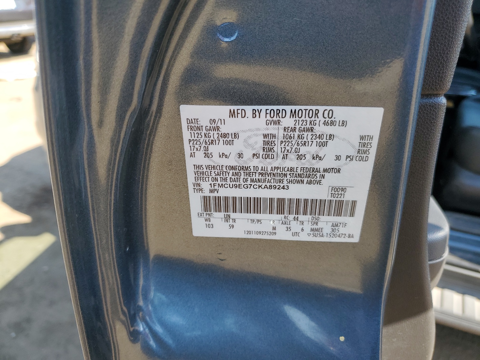 1FMCU9EG7CKA89243 2012 Ford Escape Limited