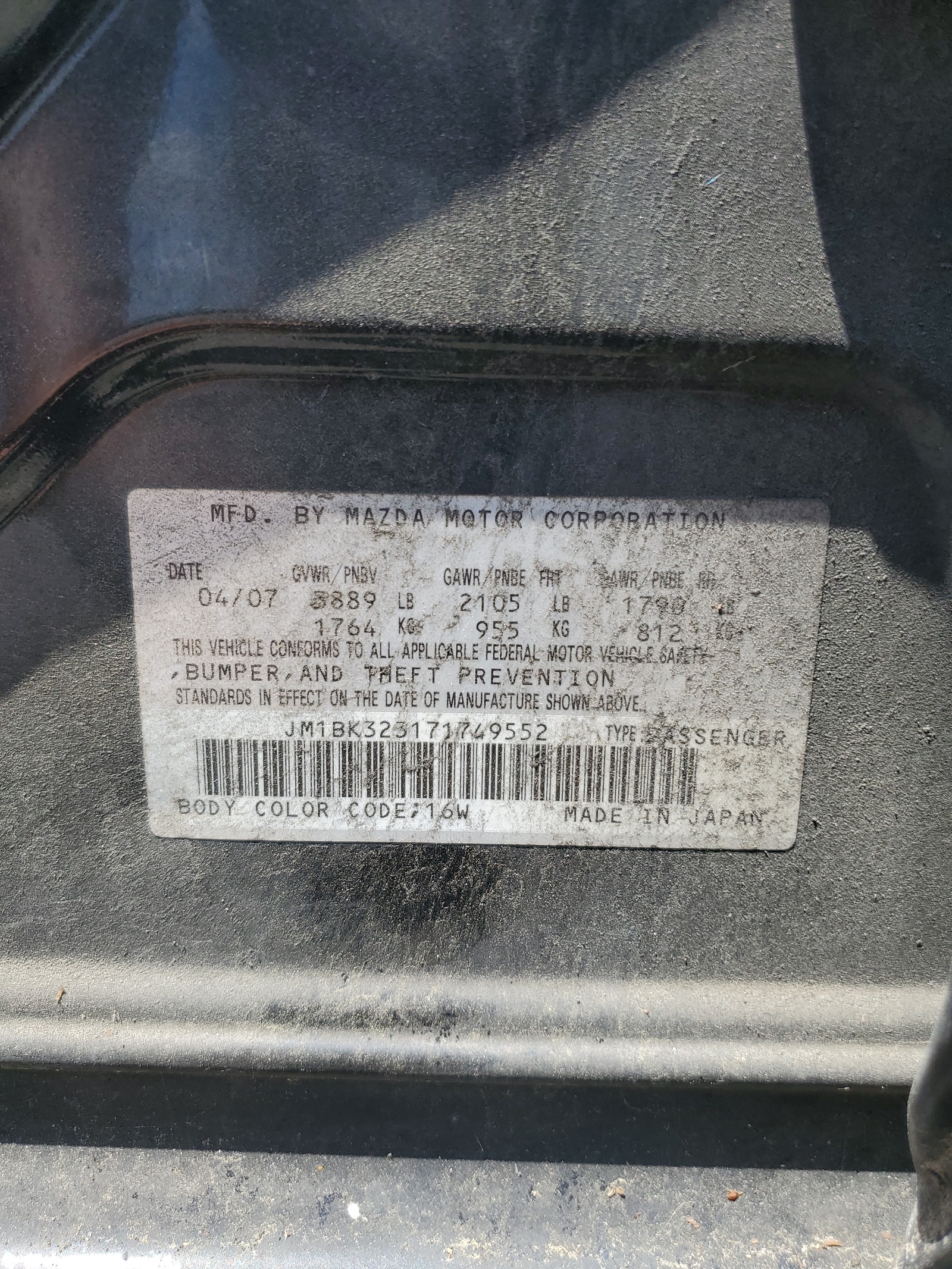 JM1BK323171749552 2007 Mazda 3 S