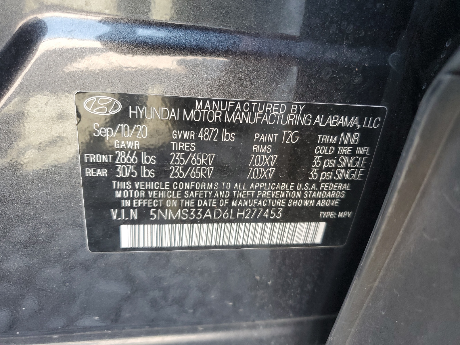 5NMS33AD6LH277453 2020 Hyundai Santa Fe Sel