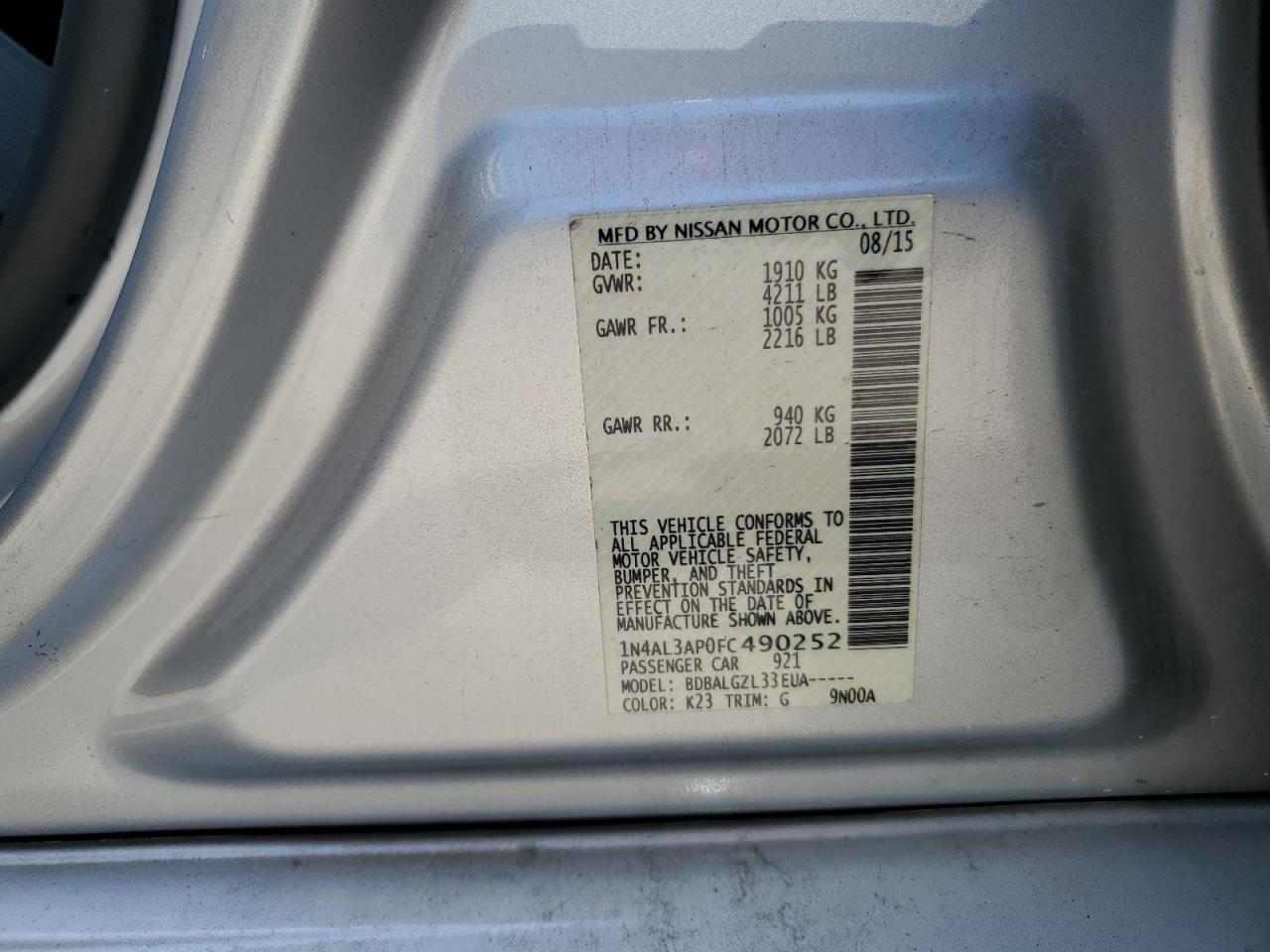 1N4AL3AP0FC490252 2015 Nissan Altima 2.5