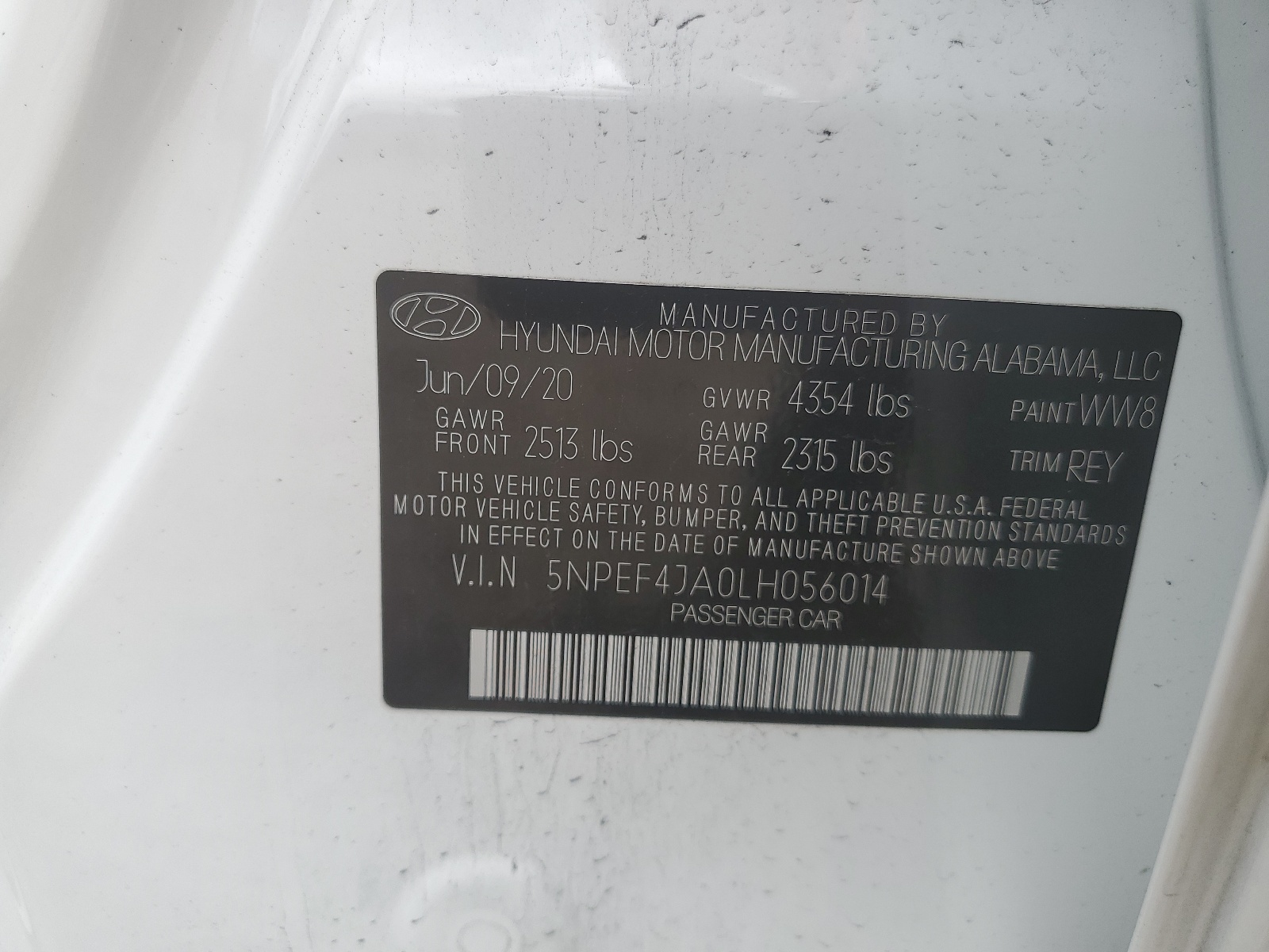 5NPEF4JA0LH056014 2020 Hyundai Sonata Sel