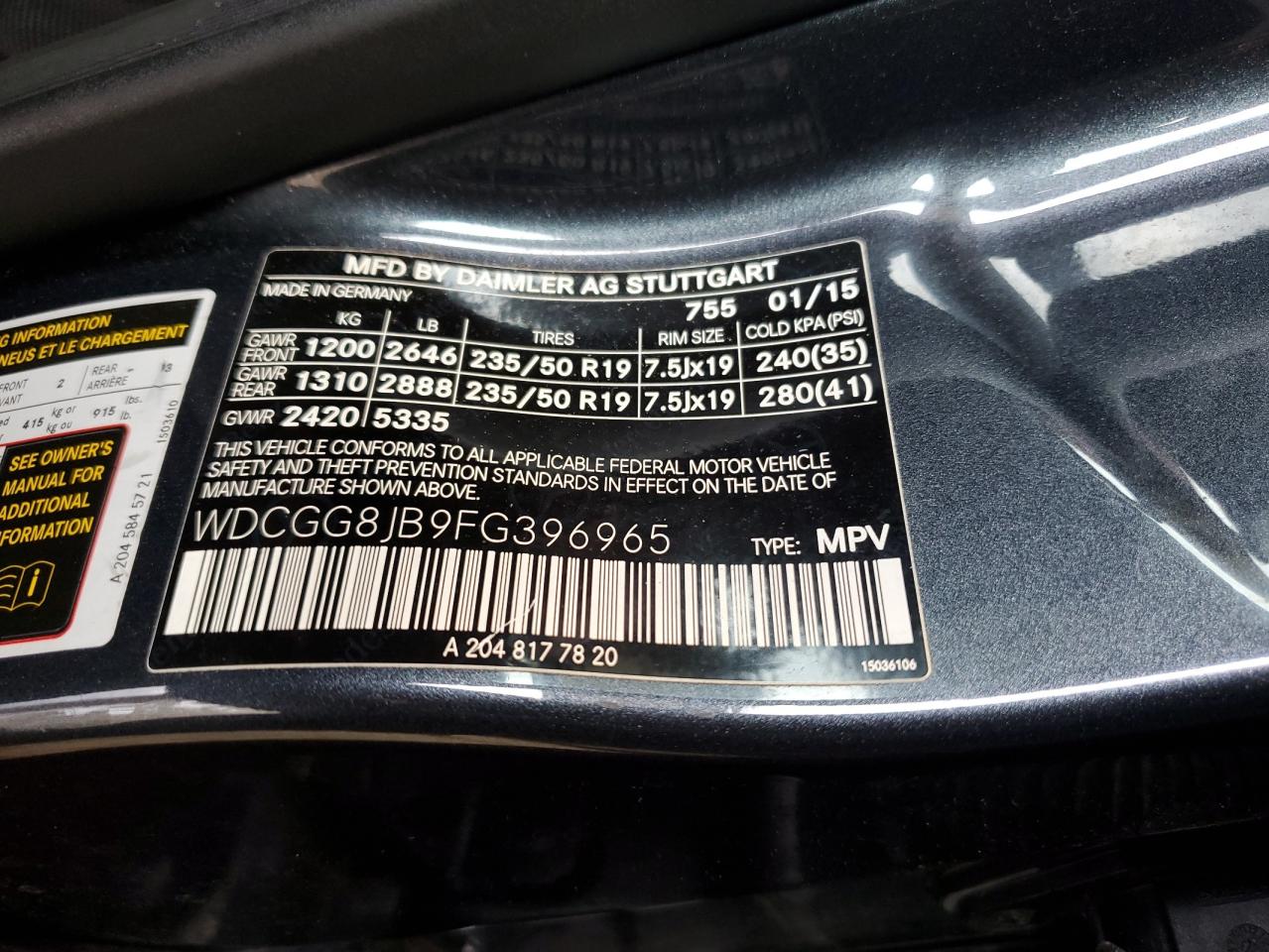 2015 Mercedes-Benz Glk 350 4Matic VIN: WDCGG8JB9FG396965 Lot: 66865964