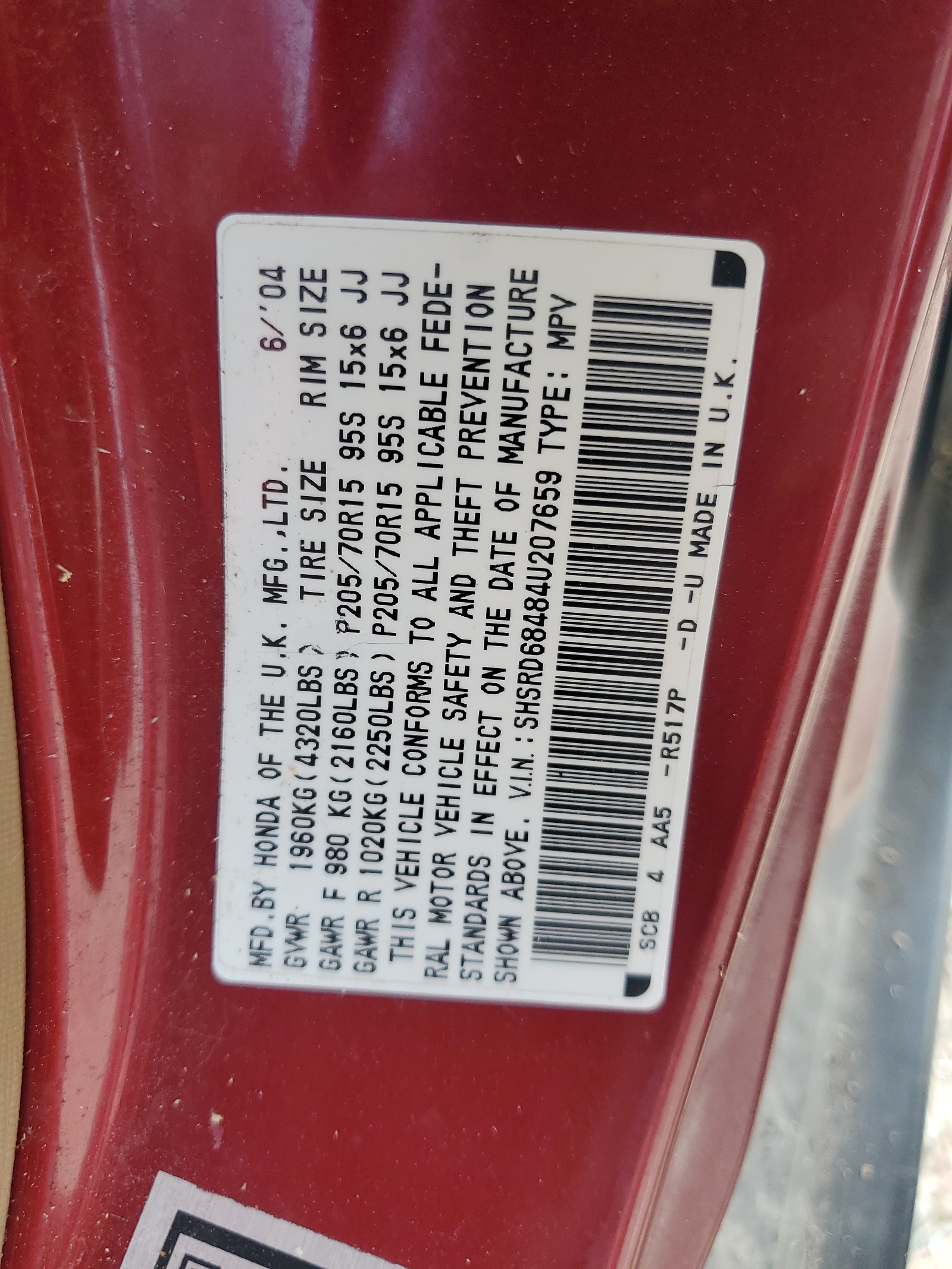 SHSRD68484U207659 2004 Honda Cr-V Lx