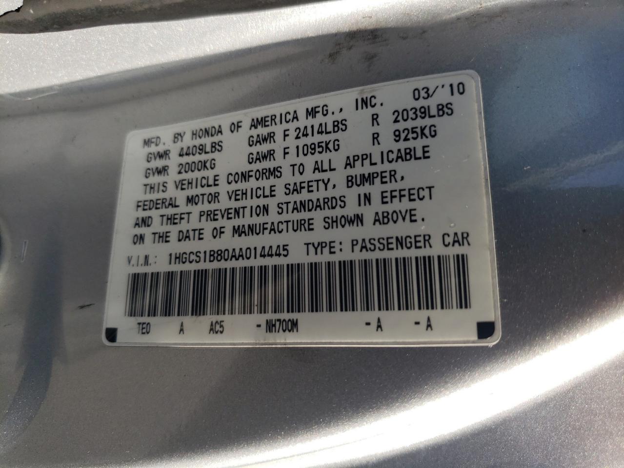 2010 Honda Accord Exl VIN: 1HGCS1B80AA014445 Lot: 68701024