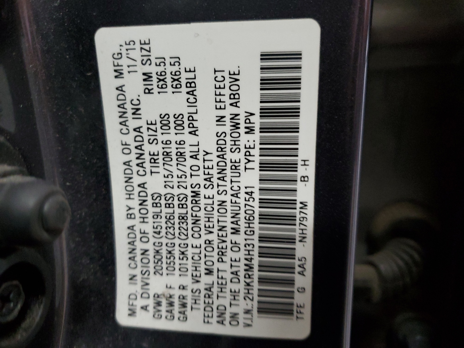 2HKRM4H31GH607541 2016 Honda Cr-V Lx