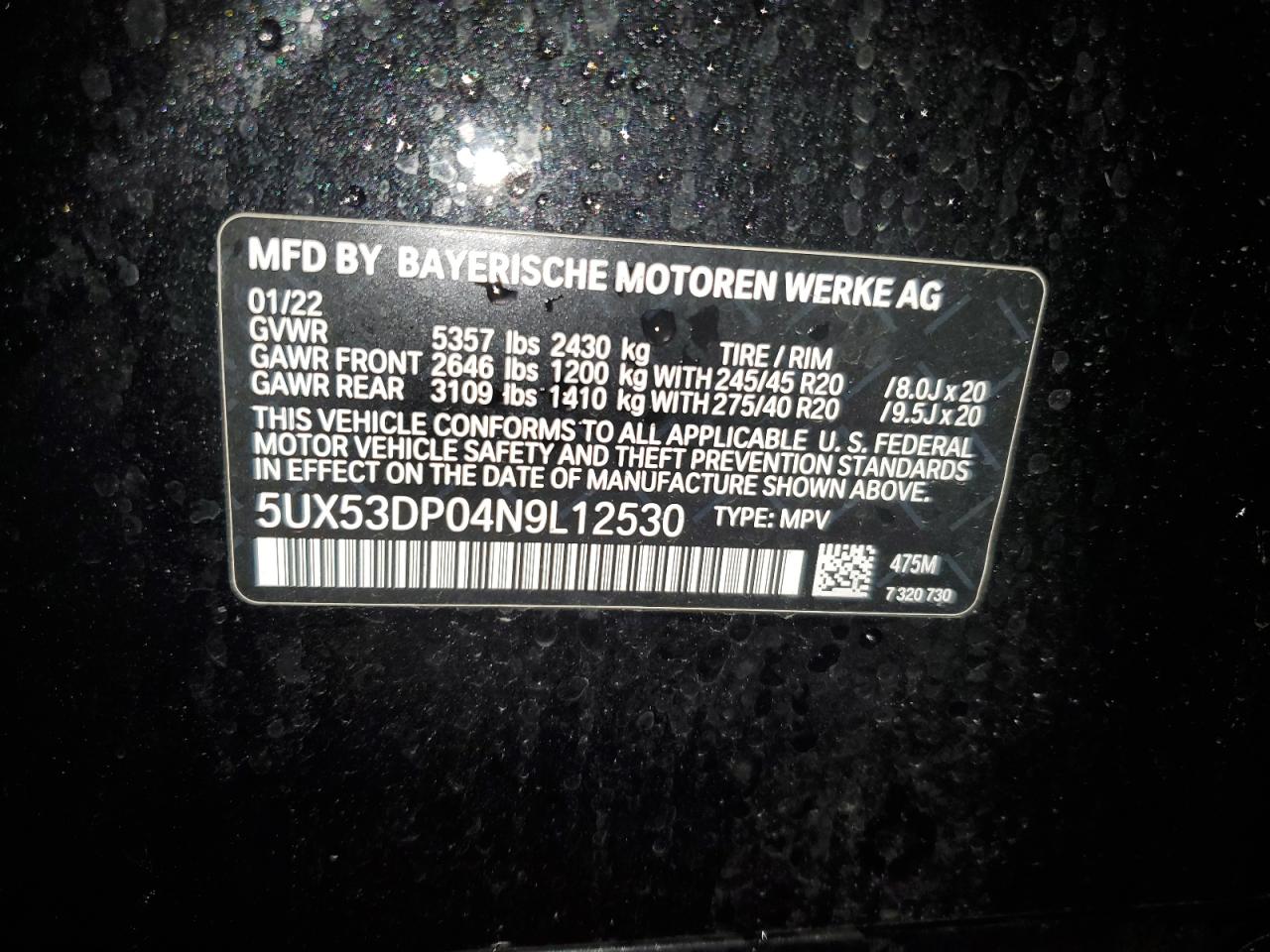 2022 BMW X3 xDrive30I VIN: 5UX53DP04N9L12530 Lot: 65777944