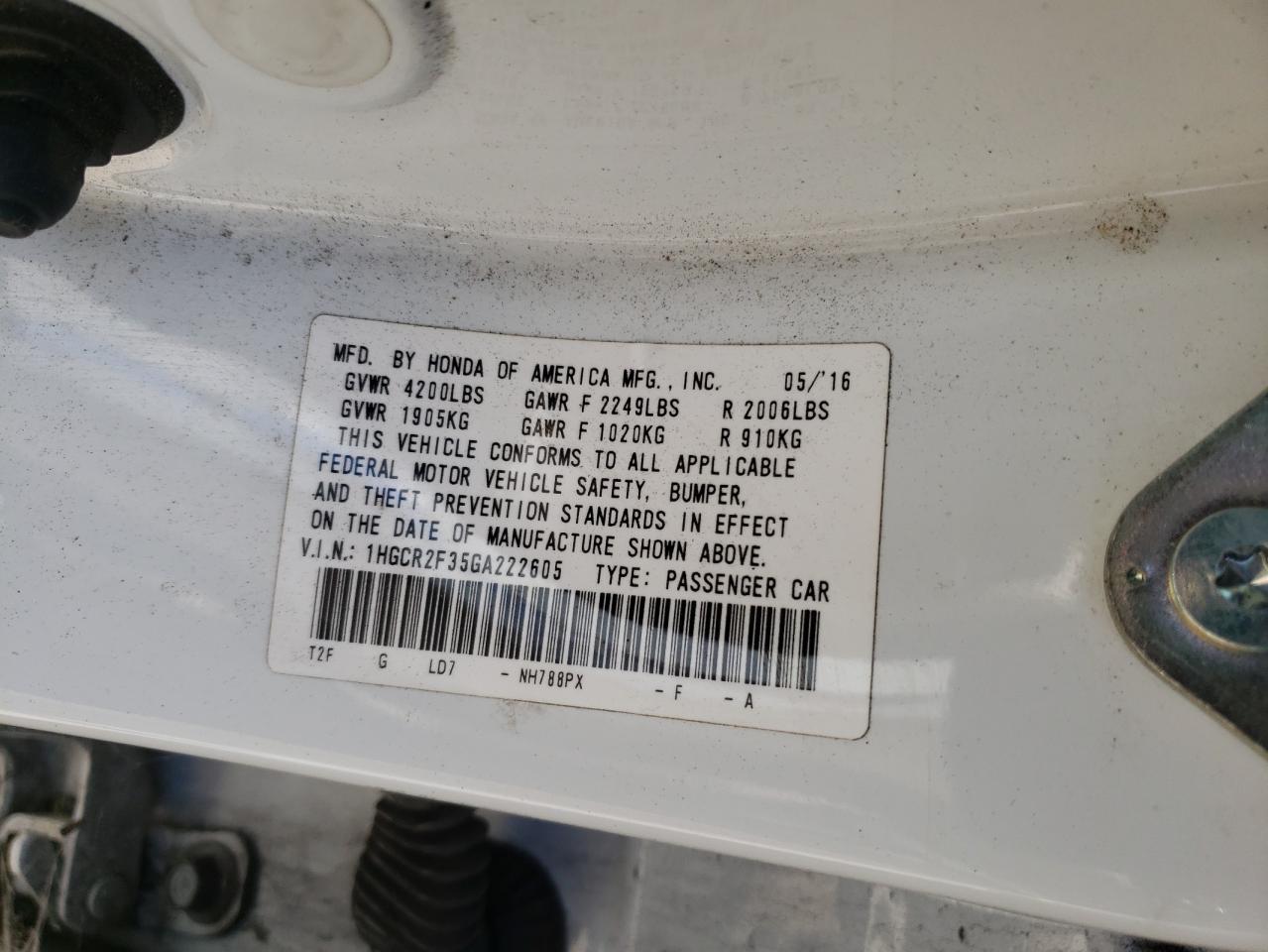 1HGCR2F35GA222605 2016 Honda Accord Lx