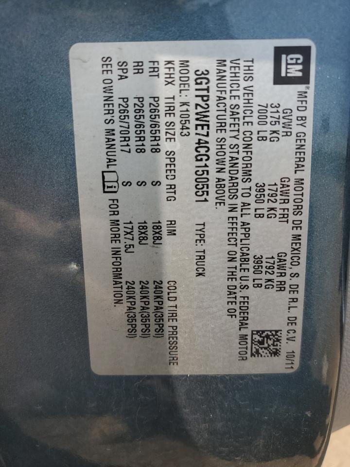 2012 GMC Sierra K1500 Slt VIN: 3GTP2WE74CG150551 Lot: 68798624