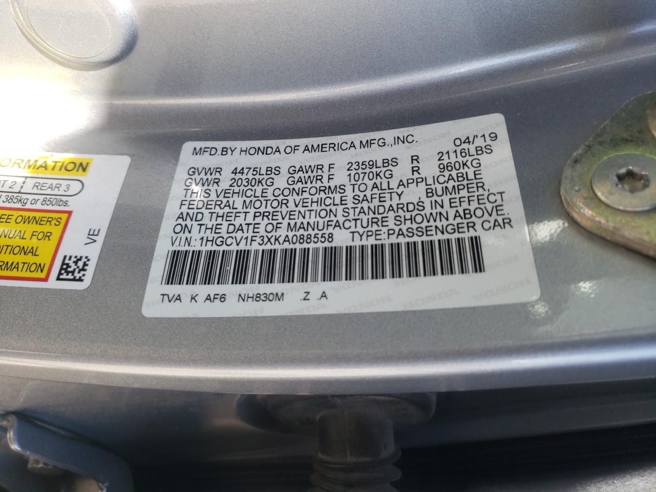 1HGCV1F3XKA088558 2019 Honda Accord Sport