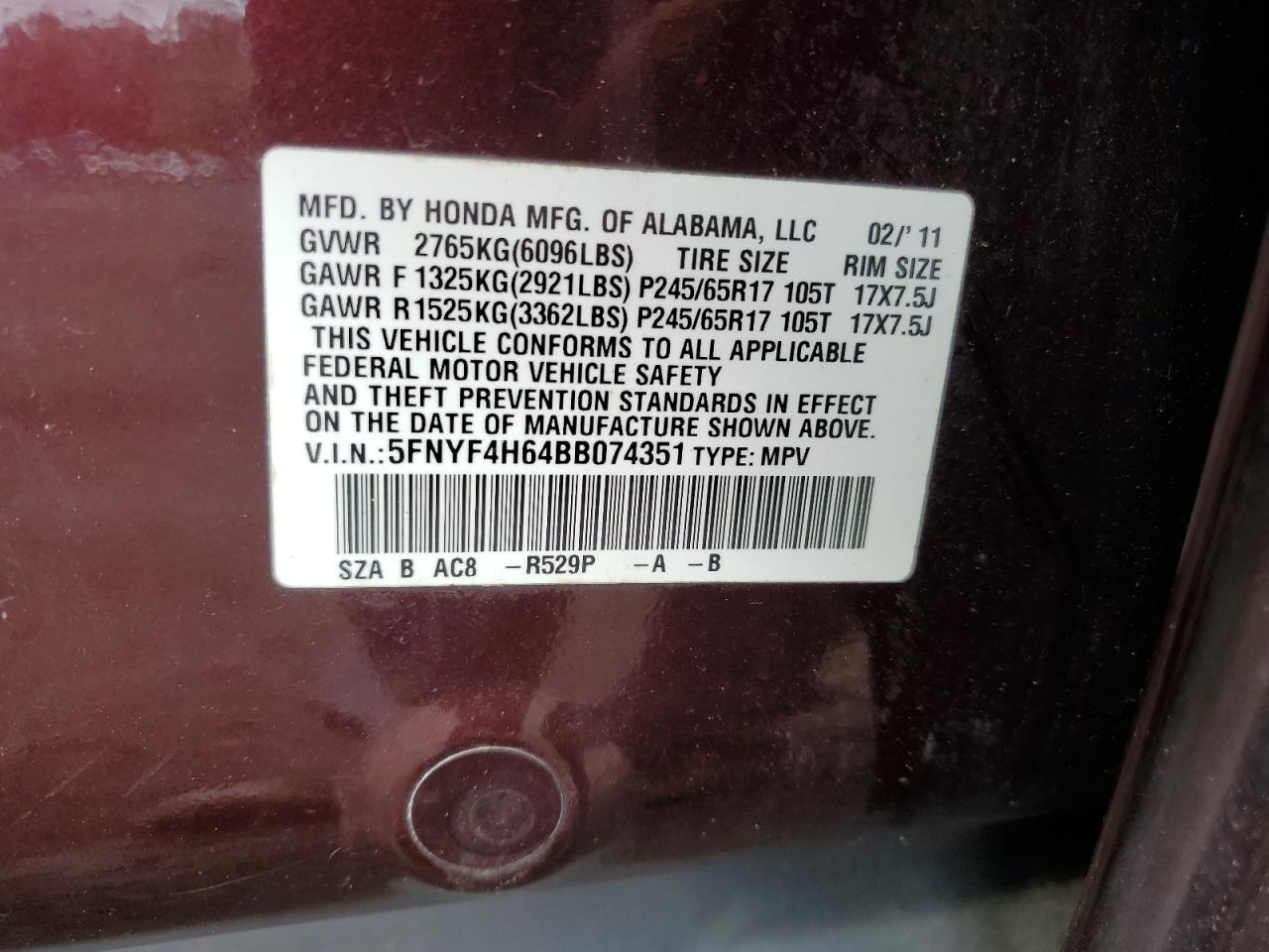 2011 Honda Pilot Exl VIN: 5FNYF4H64BB074351 Lot: 67567584