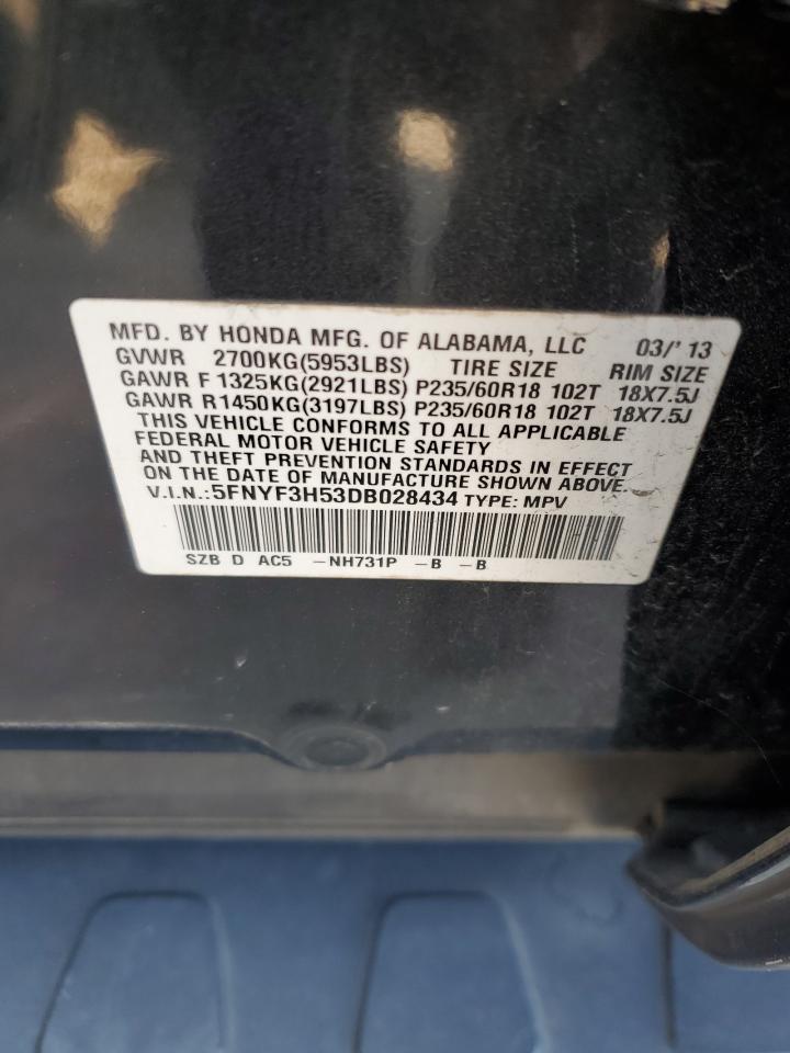 2013 Honda Pilot Exl VIN: 5FNYF3H53DB028434 Lot: 65773754