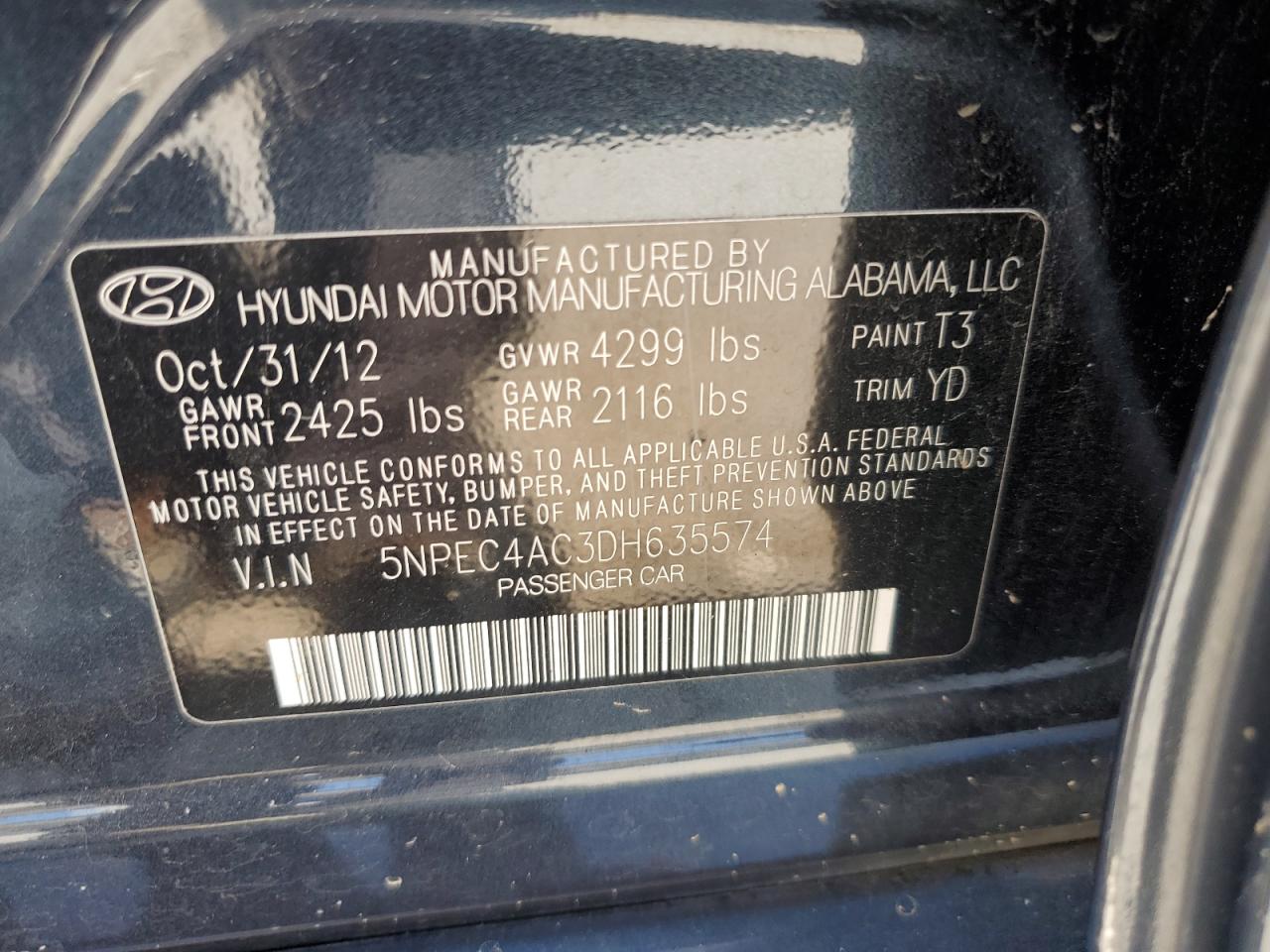 5NPEC4AC3DH635574 2013 Hyundai Sonata Se