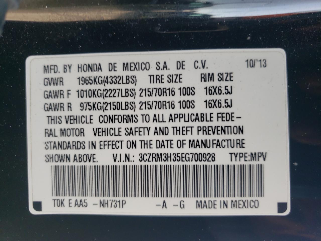 2014 Honda Cr-V Lx VIN: 3CZRM3H35EG700928 Lot: 66560874