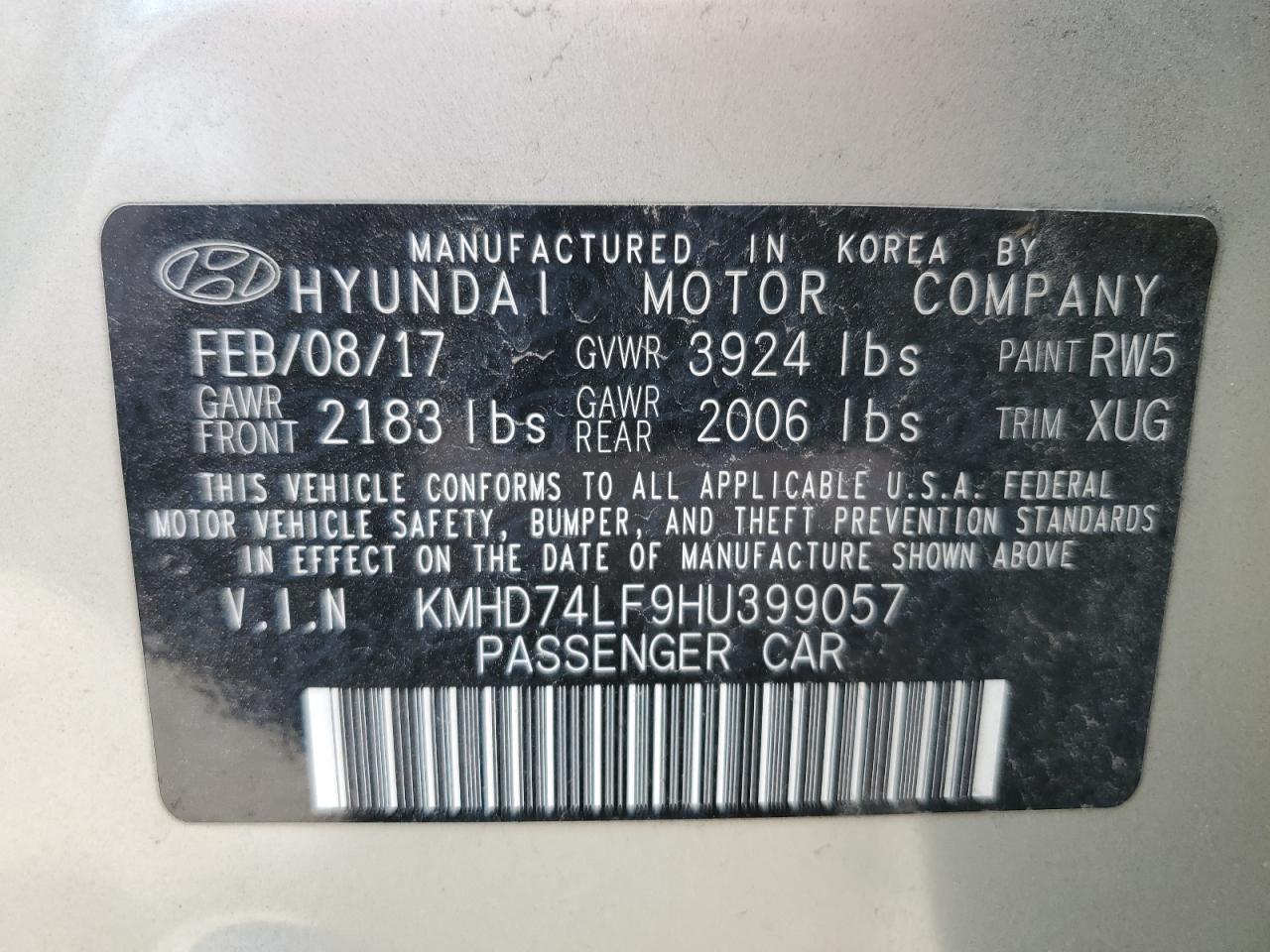 KMHD74LF9HU399057 2017 Hyundai Elantra Se