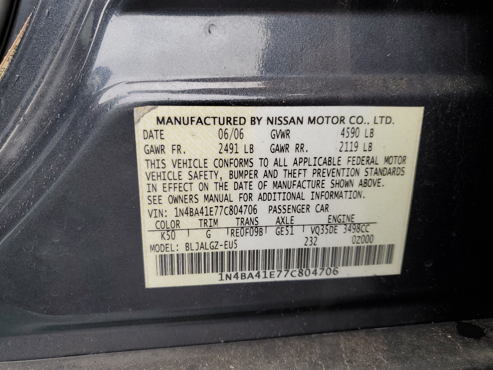 1N4BA41E77C804706 2007 Nissan Maxima Se